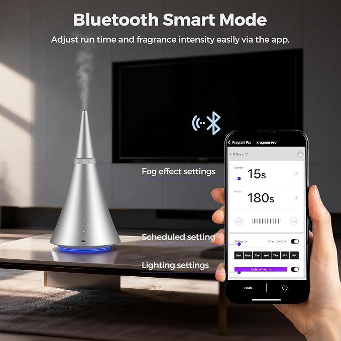 Waterless Diffuser, 2000 Sq.Ft Coverage，Essential Oil Diffuser with Bluetooth App Remote Control, Adjustable Mist Mode, Timer, Mood Lights Aromatherapy Diffuser for Home, Office, Hotel
