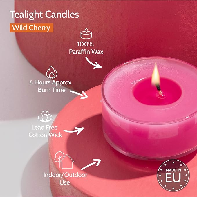 HYOOLA Scented Tealight Candles - Clear Cup - Wildcherry Tealight Candles Scented - 6 Hour Burn Time - 15 Pack - European Made