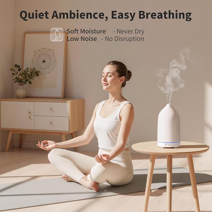 URPOWER 120ML Essential Oil Diffuser Ceramic Aromatherapy Diffuser with 7-Color LED Lights, Auto Shut-Off, 2 Mist Modes, Humidifier for Home Office Decor, Scent Diffuser for Yoga Spa