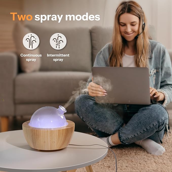 280ml Glass Essential Oil Diffuser with Natural Wood Base, The 2025 Upgrade Aromatherapy Diffusers for Home, Cool Mist Air Aroma Diffuse Humidifier with 7 Color Lights for Office, Bedroom