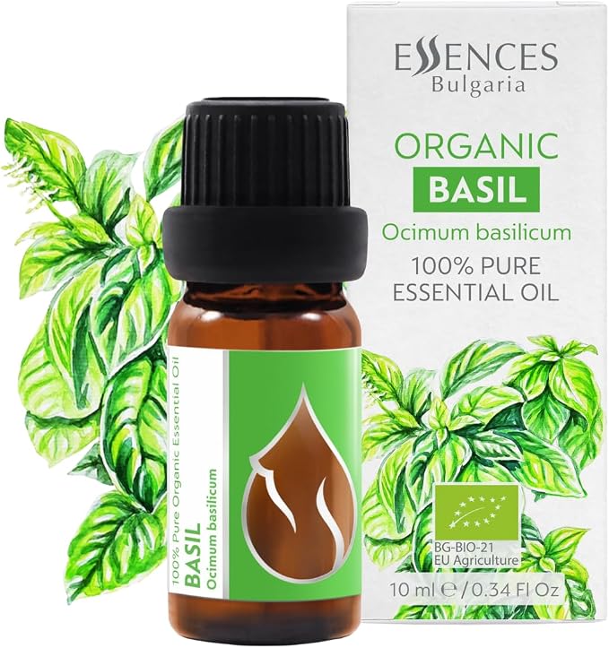 Essences Bulgaria Organic Basil Essential Oil 1/3 Fl Oz | 10ml | Ocimum basilicum | 100% Pure and Natural | Undiluted | Therapeutic Grade | Family Owned Farm | Steam-Distilled | Non-GMO | Vegan