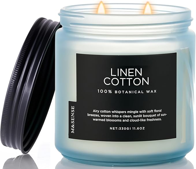 M&SENSE Fresh & Linen Cotton Scented Candles, 11.6oz Natural Soy Wax, 70-Hour Slow Burning, Clean Non Toxic Candle for Laundry, Aromatherapy Home Fragrance Gifts for Relxation Strees Relief
