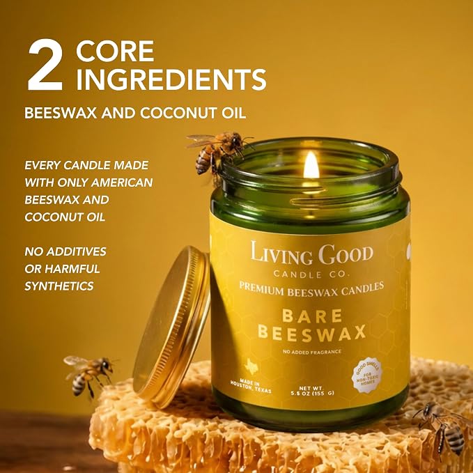 Bare Beeswax – Unscented American Beeswax Candle with Coconut Oil, Non Toxic Candle, Clean Burning Candle for Sensitive to Scents, Fragrance Free, Natural Honey Aroma - 5.5 OZ