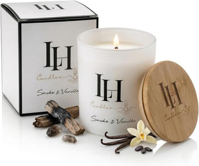LH Smoke and Vanilla Scented Candle - Soy Wax Natural Candle - Relaxing Gifts for Women - Long Lasting Tobacco Vanilla Bean and Sandalwood Highly Scented Candles for Home Decor