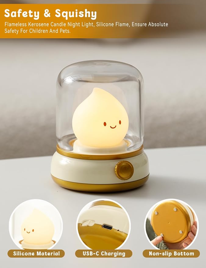 WANIDEA Flameless Candles Lamp, Led Candles,Cute Kerosene Lamp,Silicone Flame Amber Light,Adjustable Dimmable Rechargeable Night Light for Kids,Girls,Teenager Kids Bedroom Christmas