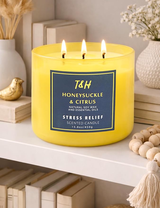 Honeysuckle Citrus Scented Soy Candle | Large 3-Wick Candle for Home, 15.8 oz | Fresh Floral Citrus Candle | Summer Candles for Women & Men | Thank You & Hostess Gifts for Women