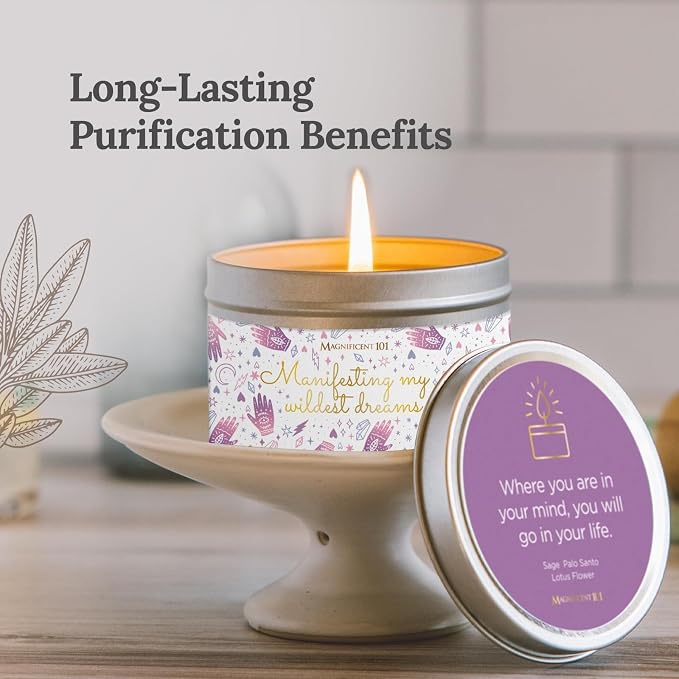 MAGNIFICENT 101 Affirmation Massage Candle - 6 Oz White Tin - Soy Candle Aromatherapy Meditation with Sage & Palo Santo Scent for Healing & Abundance - Manifesting My Wildest Dreams