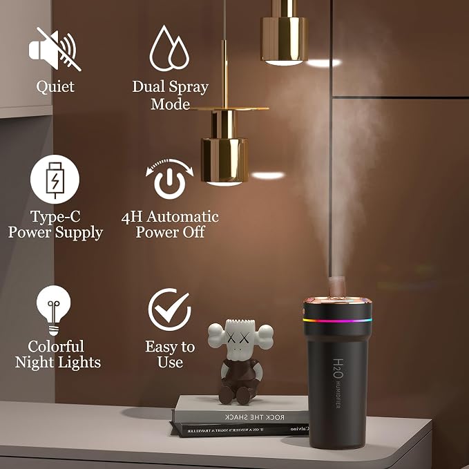 Car Diffuser Humidifier with Night Lights Portable 300mL USB Powered Cool Mist Auto Shut-Off Quiet Perfect for Car Home Office Bedroom (Black)