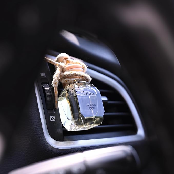 Llum Black Oud Hanging Car Air Freshener – Luxury Automotive Perfume Diffuser 10ml (0.34 fl oz), Long-Lasting Fragrance, Alcohol-Free Non-Toxic Car Scent, Glass Bottle With Wood Cap & AC Vent Clip