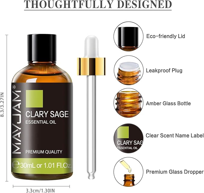 Clary Sage Essential Oil 30ML/1.01FL.OZ, MAYJAM Premium Clary Sage Oil Essential Oils with Glass Dropper, Great for Aromatherapy Diffuser and Candle Making