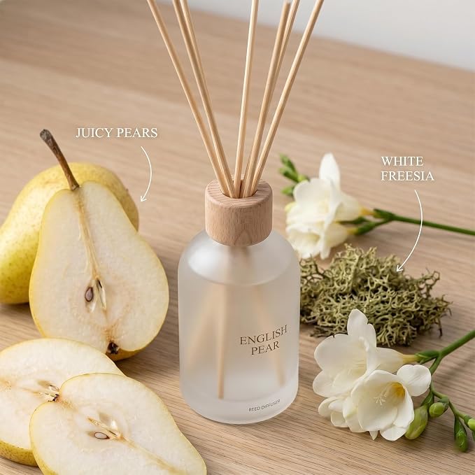 Reed Diffuser Set 6.7 oz Scented Oil Diffuser with 6 Fiber Sticks, Long Lasting Home Fragrance for Bathroom Shelf Decor, Living Room, Office Aromatherapy Gift 01 (English PEAR)