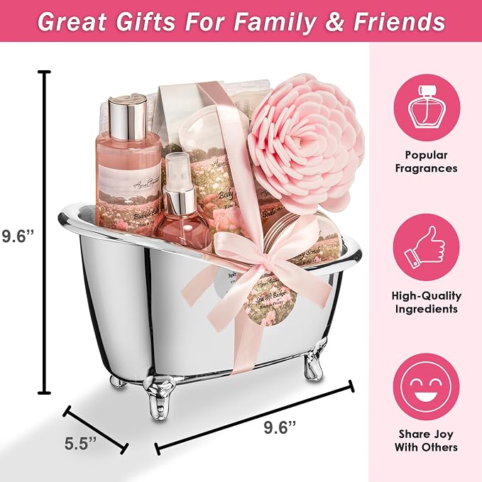 Aqua Elegante Spa Gift Basket - Luxury Bath Set with Body Wash, Bubble Bath, Lotion, Salts, Scrub, Spray, Shower Puff, Towel, Gifts for Women, Mom, Wife, Her - Rose Oil & Peony
