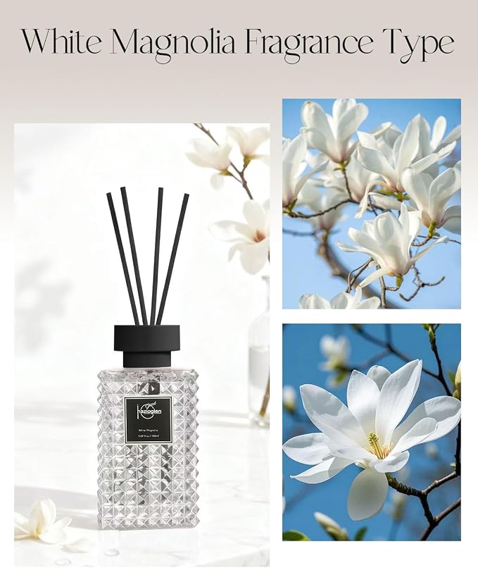 Reed Diffuser Set, White Magnolia Scented Home Fragrance Air Freshener for Bathroom Shelf Decor, 5.07 fl oz/150ml Essential Oil with Sticks