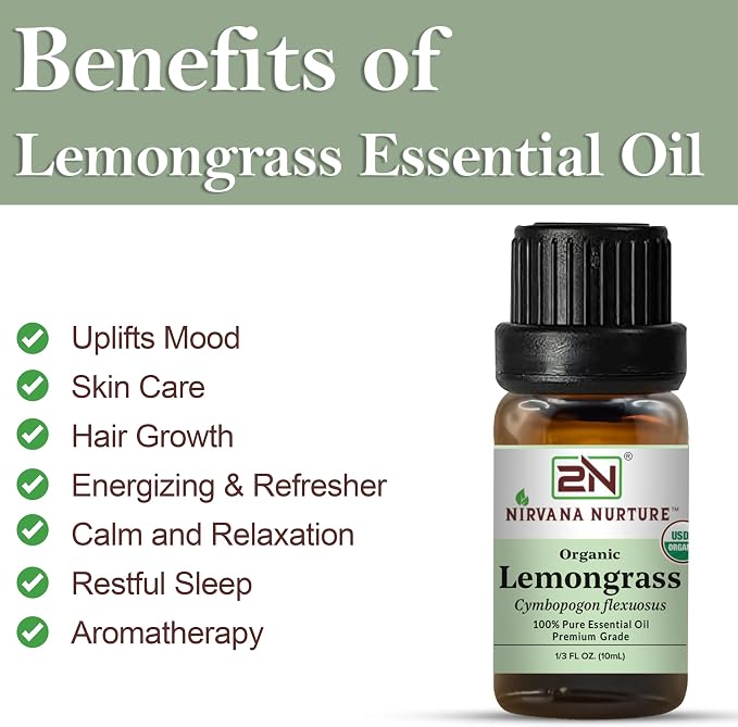 Lemongrass Essential Oil, USDA Certified Organic, 100% Pure Undiluted, Aromatherapy Oil for Diffuser, Hair & Skin Care