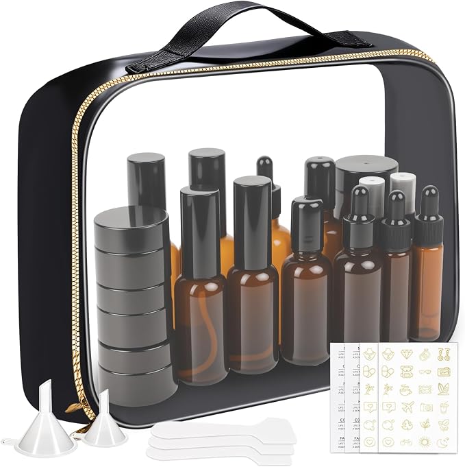29 Pack TSA Approved Glass Travel Skincare Containers,Toiletry Bag，1.7/1/0.7/0.5/0.3oz Refillable Traveling Size Containers with Pump, Jars & Essential Oil Bottle , Leak-Proof for Creams & Liquids
