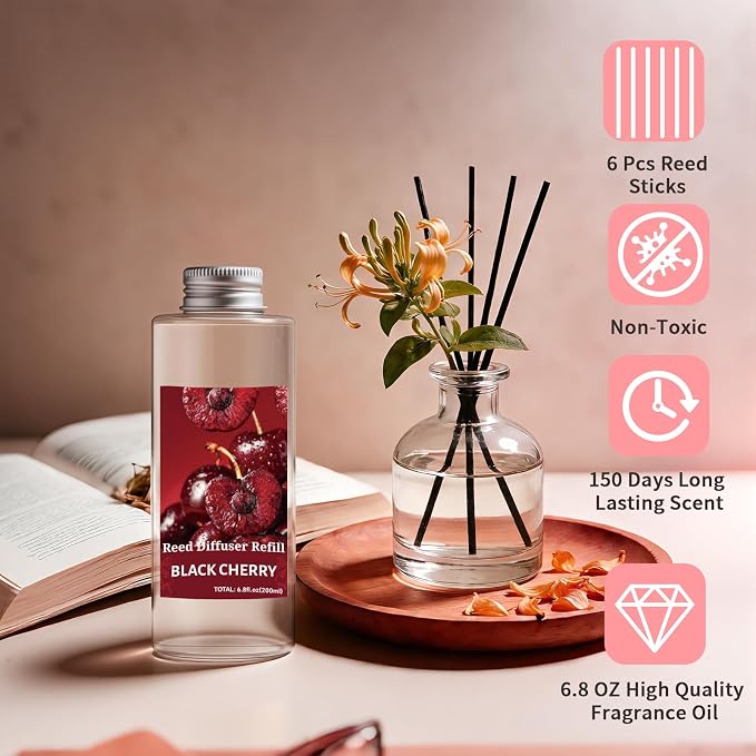 STRN Reed Diffuser Oil Refill, Black Cherry Scented Diffuser Oil Refills with 6 Reed Sticks 200ML(6.8fl.oz), Room Fresheners for Home, Long-Lasting Summer Fragrance for Living Room, Bedroom, Office