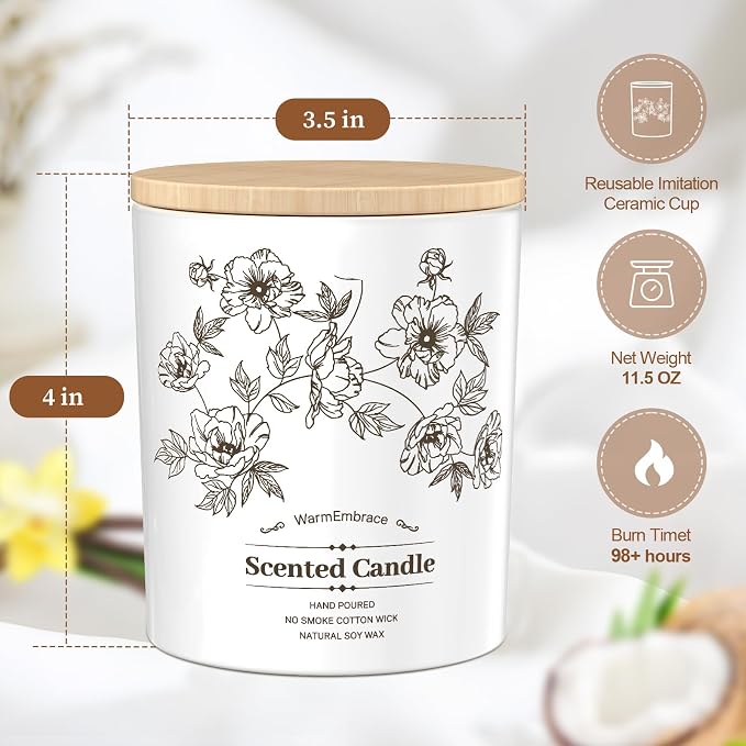 Deluxe Scented Candle for Women & Men, Vanilla Coconut Soy Wax Candle,11.5 Oz Jar Candle for Home, Scented-98 Hour Long Lasting Burning, Suitable Present for Thanksgiving, Christmas & Birthday