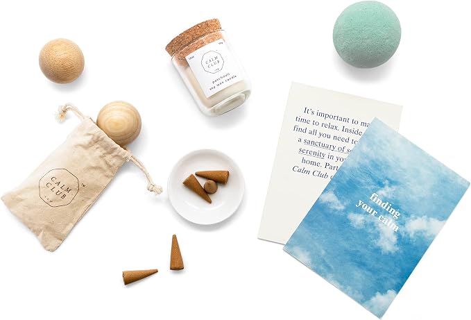 Calm Club | Scented Relaxation Rituals Kit | Scented Candles & Incense Cones | Relaxing Bath Bombs | Self Care Relaxing Gifts for Women | Baoding Stress Balls for Adults |