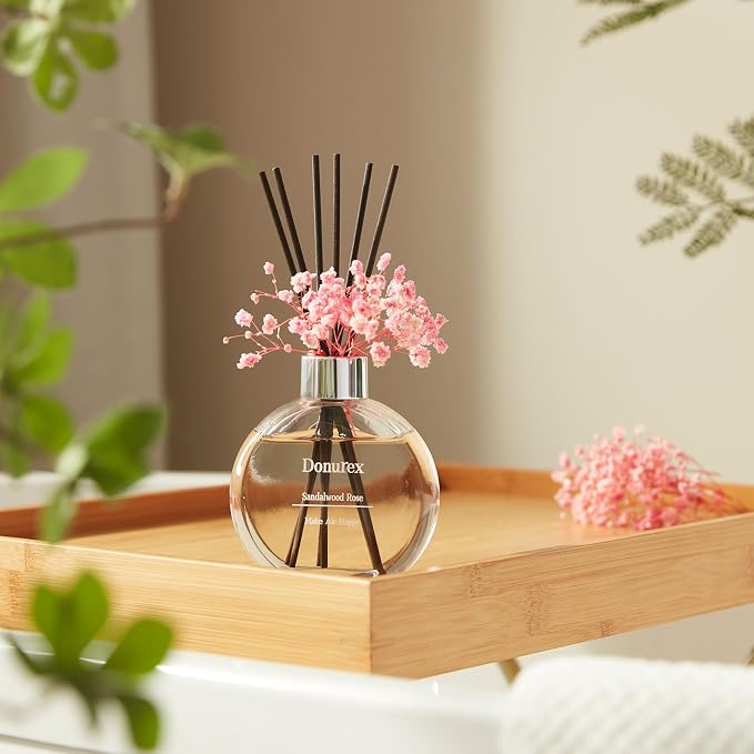 Flower Reed Diffuser Set 5.07oz Sandalwood Rose Scent Diffuser with Sticks Home Fragrance Reed Diffuser for Bathroom Shelf Decor