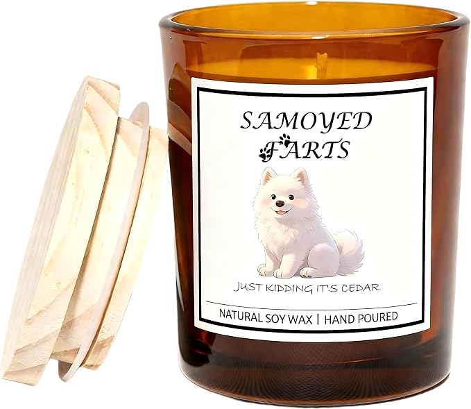 Samoyed Gifts for Women | Birthday Gifts for Mom | Light When Dog Farts Candle | Cedar By Natural Soy Wax | Pet Safe Friendly Memorial Candles for Home Scented Household Essentials
