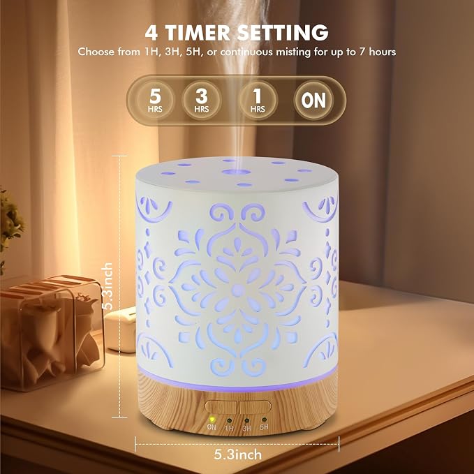 EQUSUPRO Essential Oil Diffuser 300ML Metal Aromatherapy Diffuser for Home with Auto Shut-Off & 4 Timers, Ultrasonic Humidifier with 7 Colors Lights for Large Room, Home Office Décor