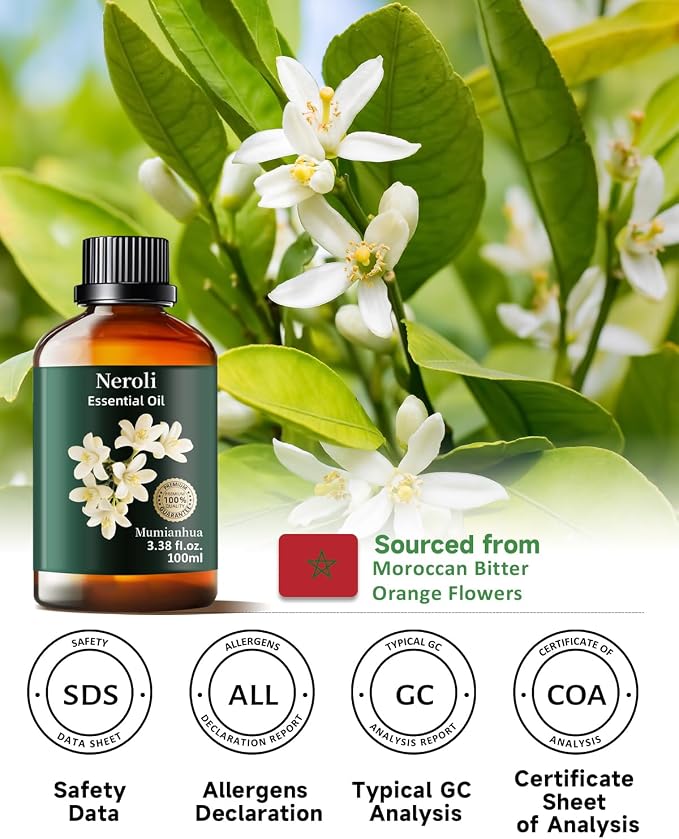 Neroli Essential Oil, Pure Mumianhua Orange Blossom Oil for Evening Tranquility & Pillow Mist, Citrus‑Floral Aromatherapy for Diffuser, Skin, Hair, Perfume, Candle & Soap Making – 3.38 Fl Oz