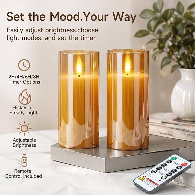 Homemory Amber Glass Flameless Candles Battery Operated LED Pillar Candles with Remote and Timer, Real Wax Flickering Candles with 3D Wick, Decorative Candles Home, Wedding, Holiday Decor, Set of 2