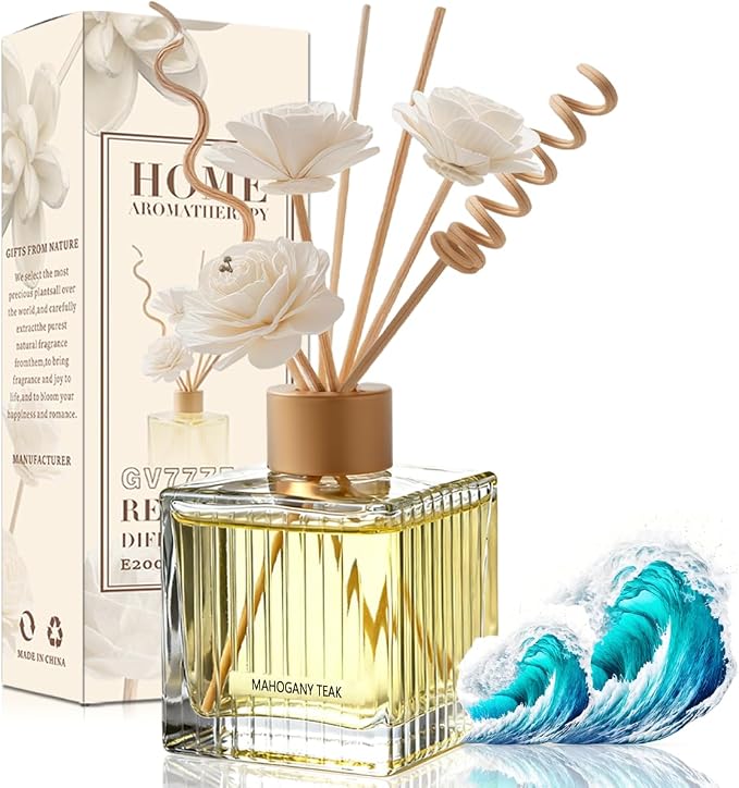 Ocean Breeze Reed Diffuser - 6.7 oz Glass Bottle with 4 Rattan Sticks, 3 Dried Flowers | Adjustable, Long-Lasting Scent for Home, Bedroom, Living Room, Office, Bathroom | Aromatherapy Gift