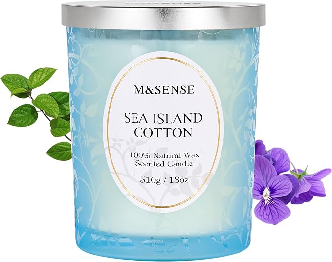 M&SENSE Sea & Cotton Scented Candle, 18oz | Cracking Wooden Wick, Soy Wax, 100 Hours Long Lasting, Non-Toxic Aromatherapy