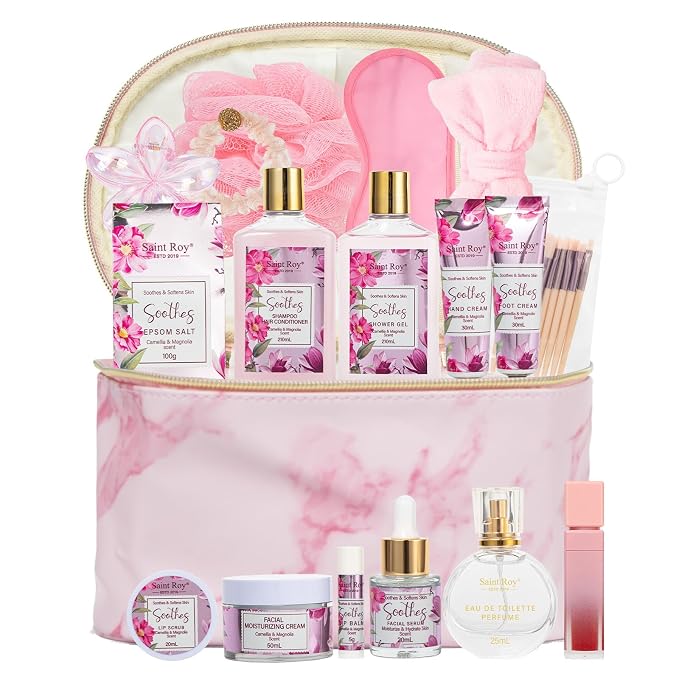 27Pcs Bath & Body Spa Basket for Women, Beauty Care Kit, Spa Kit, Self Care | Camellia Magnolia Facial Skin Care Gift Set, Makeup Bag, Face Serum, Bath Bomb, Christmas, Mother Day, Valentine's, Birthday