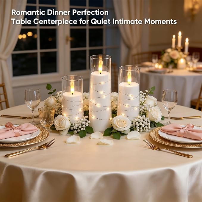 Raycare Flameless Candle with Remote Timer, 3 Flickering Acrylic Battery Operated LED Pillar Candles with Embedded Star String for Home Decor, Christmas, Wedding, Home Table Decor(White)
