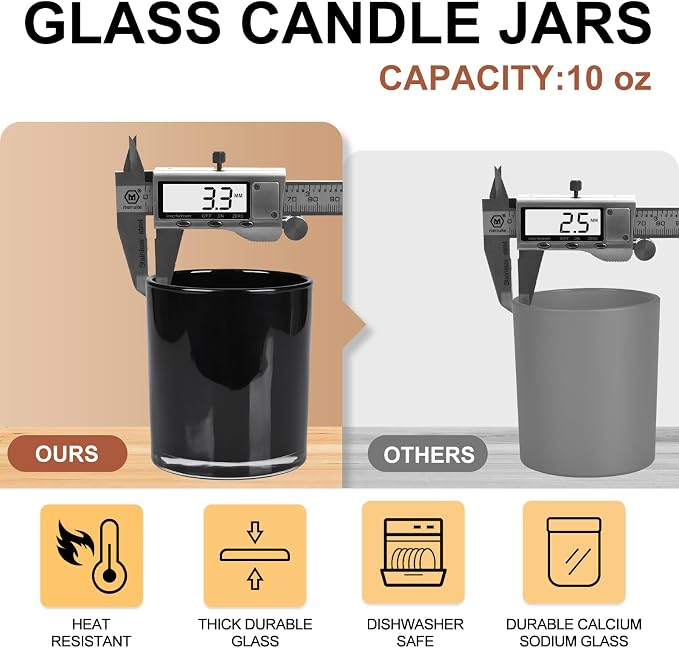 SHOWIN 10 OZ Thick Candle Jars for Making Candles 15 Pcs, Empty Jars with Wood Lids for Candle Making, Sample Container, Inner Black