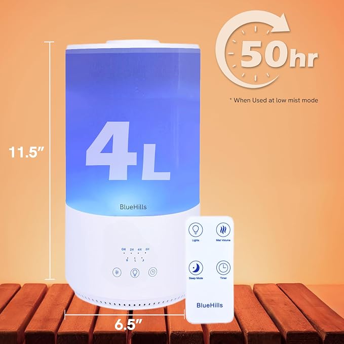 BlueHills Premium 4000 ml Tall Essential Oil Diffuser 4L 4 Liter 50 Hour Run with Remote Timer Aroma Humidifier 1 Gallon Big Capacity High Mist Output for Large Room Huge Size Mood Lights White T401