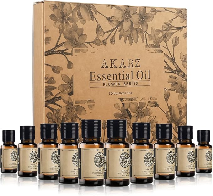 AKARZ 10 Packs Floral Essential Oils Set, 10x10ml Flower Series for Diffuser, Candle & Soap Making - Includes Jasmine, Rose, Neroli, Osmanthus & More