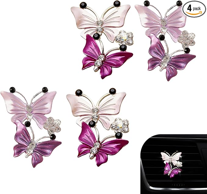 4 PCS Dual Butterfly Car Air Vent Clips, Car Air Vent Shimmering Rhinestone Butterfly Decoration Clips, Smell Diffuser for Horizontal Vertical AC Export, for Most Vehicles (Pink & Purple)