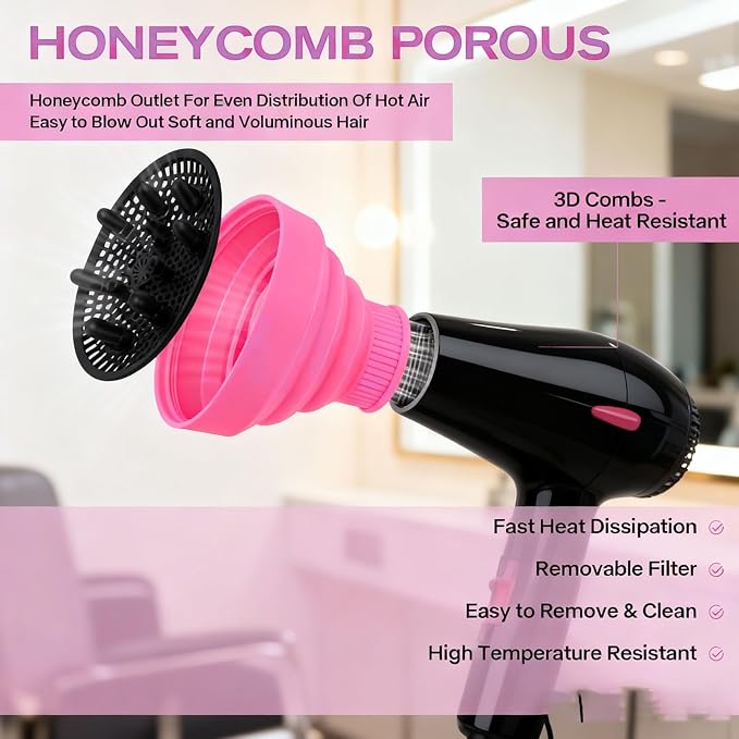 Universal Silicone Hair Dryer Diffuser Attachment, Collapsible & Portable Blow Hair Diffuser for Curly/Wavy Hair Travel Use, Lightweight Folding Fits 1.57-1.99" Nozzles for Salon Home (Rose Red)