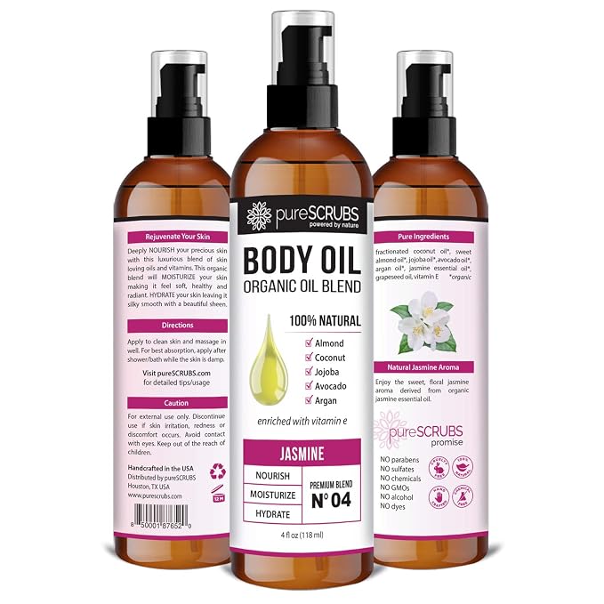 pureSCRUBS Ultra Moisturizing Jasmine Body Oil for Dry Skin, Lightweight Full Body Moisturizer for Soft, Silky Skin, Massage & Cuticle Oil, Vitamin E Enriched, 4 oz