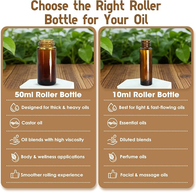 Rose Quartz Roller Bottles for Oils, 50ml Refillable Amber Glass Roll On Bottles with Natural Crystal Roller Balls, Leak-Proof Travel Perfume Bottle with Gold Caps