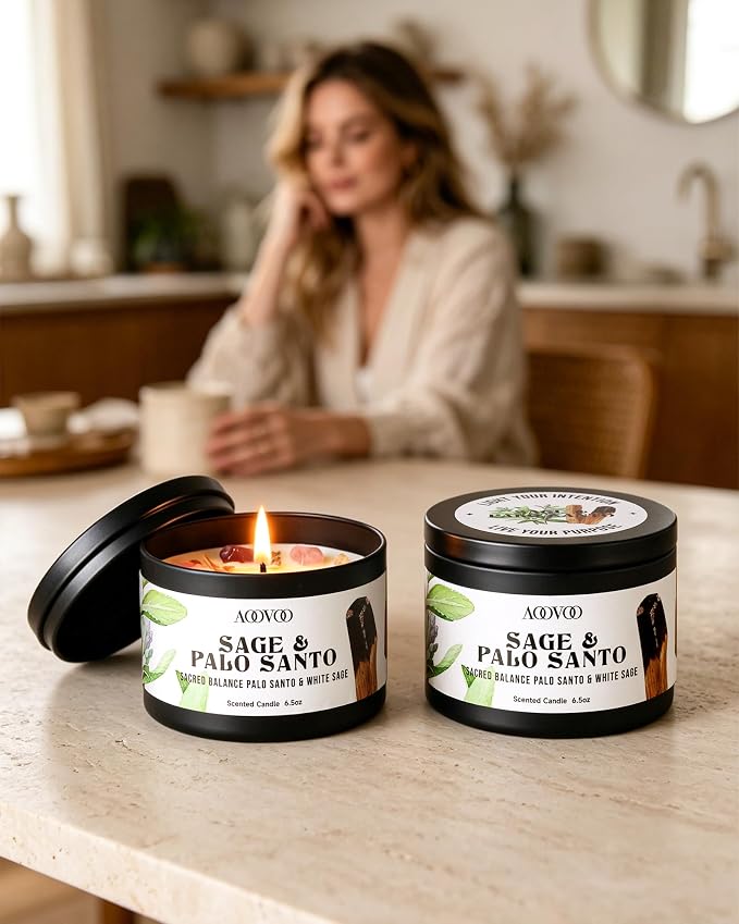 AOOVOO 2 Pack Sage & Palo Santo Candles – Cleansing Candle with Crystals, Sage Leaves & Palo Santo Wood, 13oz 100 Hours Long Lasting, Non Toxic Candle for Spiritual Energy Cleansing Meditation Yoga