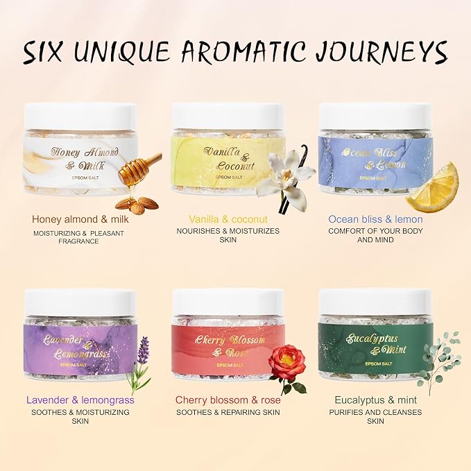 6-Pc Floral Epsom Salt Gift Set for Women Bath Salt, Bath and Body Gift Set | Bath and Body Gift Set in Elegant Box, Christmas Spa Gifts for Women, Mothers Day Birthday Gifts for Men spa kit Mom Bath Set