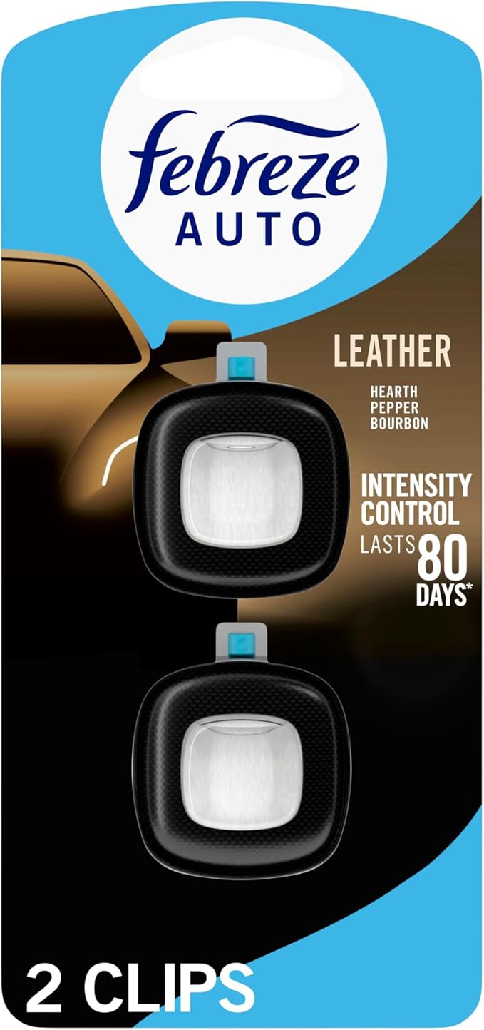 Febreze AUTO Air Freshener, Odor-Fighting Automotive Vent Clip, Scented Car Accessories, Long Lasting for Strong Odors, Leather, 2 Count