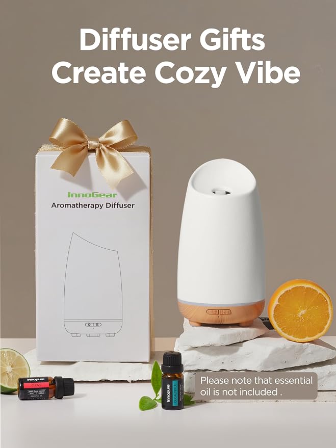 InnoGear 150ml Ceramic Oil Diffuser, Handcrafted Stone Essential Oil Diffuser Aromatherapy Diffusers Ultrasonic Cool Mist Humidifier Vaporizor 2 Mist Modes for Room Home, White Slope Cut Ceramic
