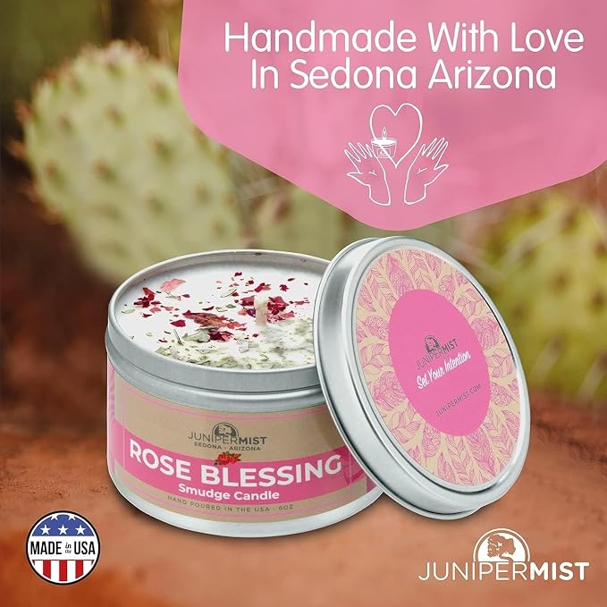 Rose Smudge Candle (6oz) Love and Healing – Energy Cleansing Candle - Real Sage & Essential Oils – Spiritual for Protection, Meditation & Manifestation – Soy-Based - Made in The USA