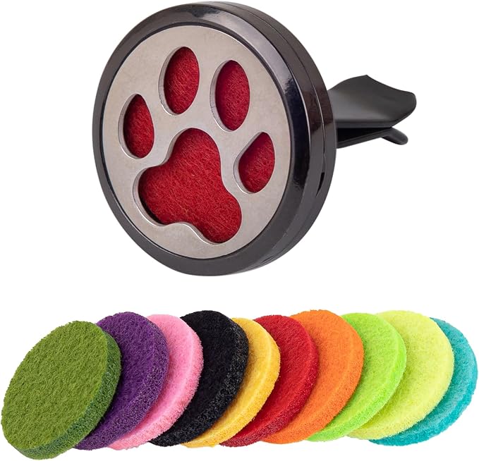 Framendino, 1 Pack Dog Paw Print Essential Car Oil Diffuser with 10 Felt Refill Pads Aromatherapy AIR Freshener Vent Clip Lockets for Men Women Gifts Black