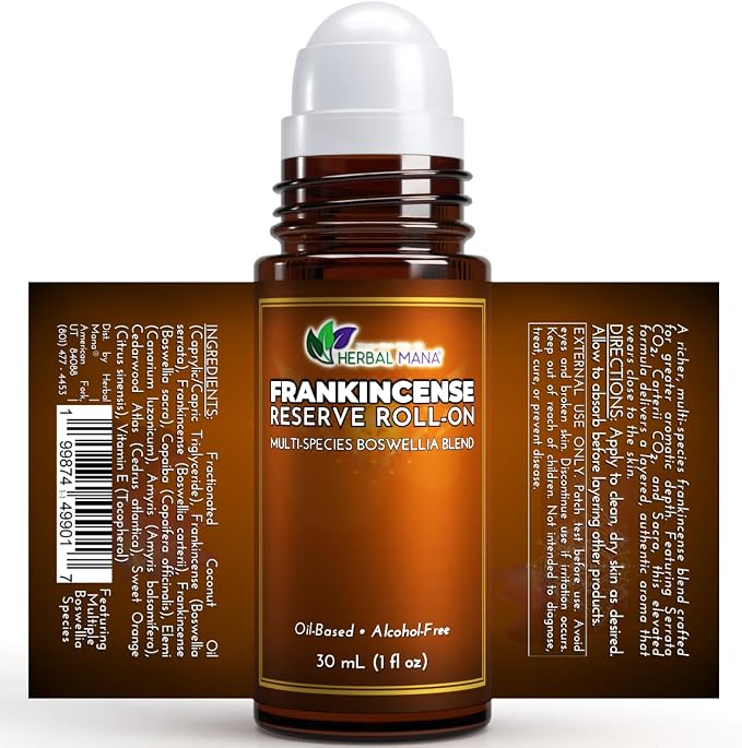 Frankincense Reserve Essential Oil Roll-On, 30mL (1 fl oz) – Deep Resin Blend with CO2 Extracts – Pre-Diluted in Fractionated Coconut Oil (FCO) – Oil-Based, Alcohol-Free Aromatherapy Roller