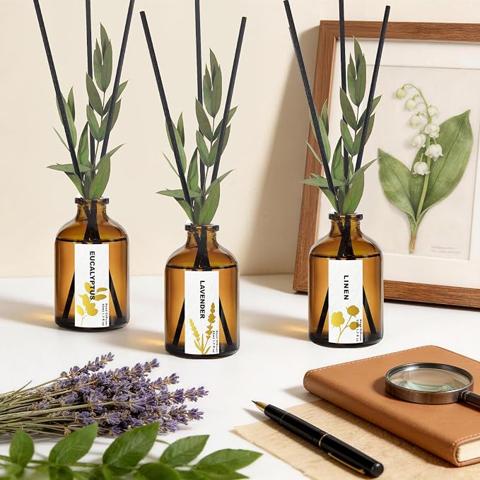 Reed Diffuser Set of 3, Eucalyptus, Linen & Lavender Scented Oil Diffusers with 15 Reeds, Long-Lasting Home Fragrance for Bedroom & Bathroom Decor, 1.7 fl oz Each, Total 5.1 oz