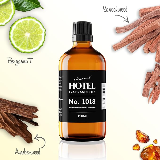 AirScent Hotel Diffuser Oil No. 1018 - Bergamot Sandalwood Amberwood - Hotel Scent Dupe - Premium Fragrance Oil for Ultrasonic and Waterless Diffusers and Crafting - 10 ml, 0.34 fl oz Glass Bottle