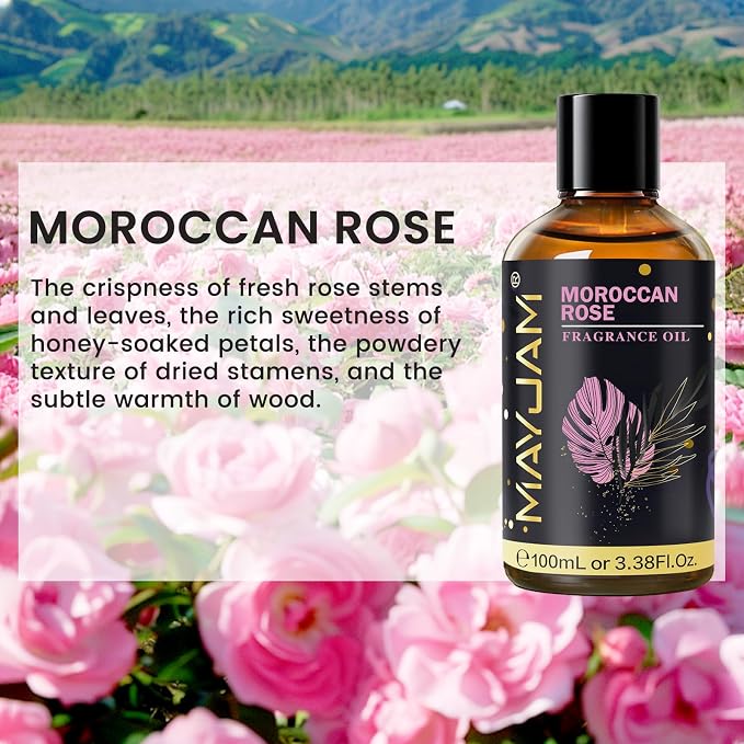 Moroccan Rose Fragrance Oil Essential Oil, MAYJAM 3.38FL.OZ Moroccan Rose Oil for Diffusers for Home, Long Lasting Scented Oils for Soap Candle Making - 100ML