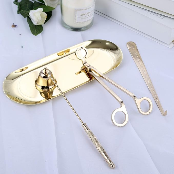 MUXSAM 4 in 1 Candle Accessory Set, Candle Wick Trimmer Candle Cutter, Candle Snuffer, Candle Wick Dipper, Storage Tray Plate, Candle Care Tools for Candle Lover, Thanksgiving, Christmas (Gold)