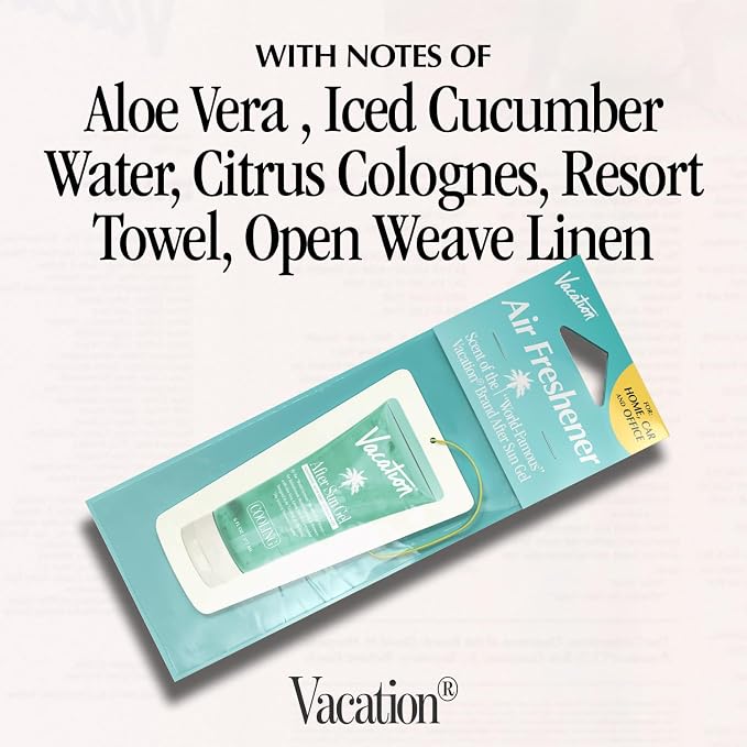Vacation Car Air Freshener, Pack of 3 - Hanging Air Freshener for Car, Home and Office, After Sun Gel Signature Scent, Aloe and Cucumber, Long-Lasting Deodorizer